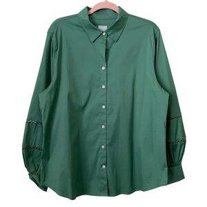 Chicos Top Womens 3 US XL Green Poplin 3/4 Billow Sleeve Crochet Preppy NEW